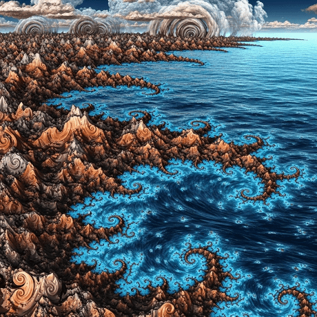 Fractal coastline of spiraling rocky shores meeting a swirling blue sea